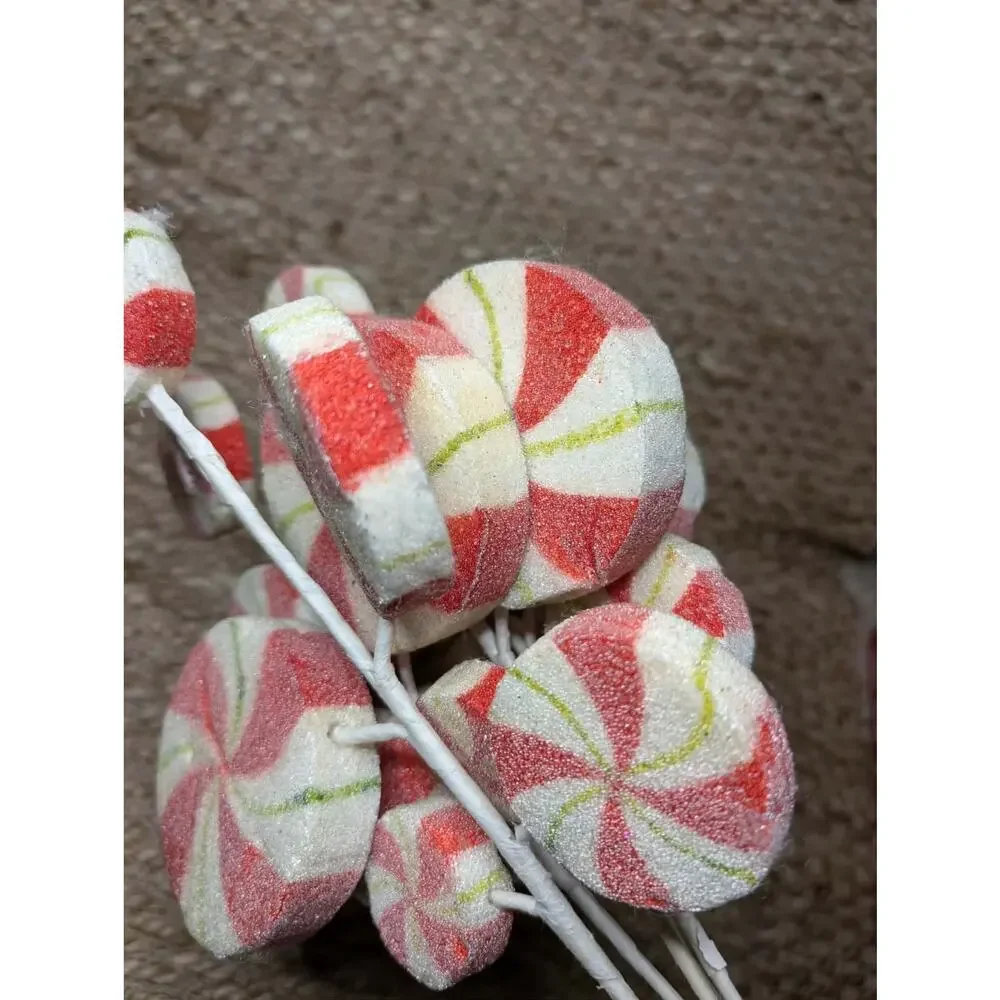 5 Frosted Red & White Peppermint Swirl Picks Holiday Christmas Decor, 16